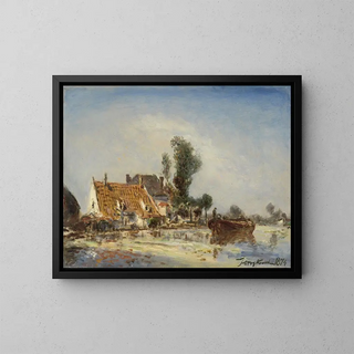 Houses on a canal near Crooswijk - Johan Barthold Jongkind — framed artwork on a wall