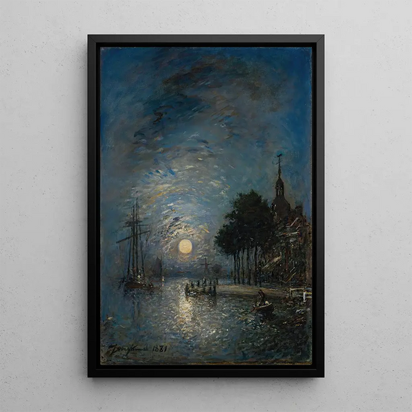The Port of Dordrecht at dusk - Johan Barthold Jongkind — framed artwork on a wall