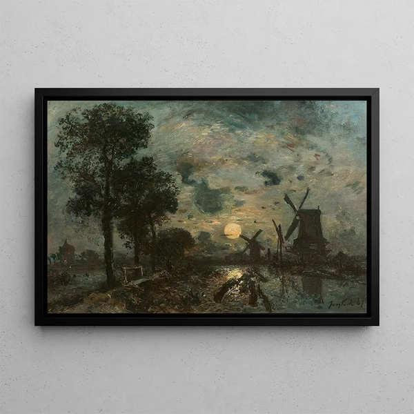 Moulins au clair de lune à Schiedam - Johan Barthold Jongkind — framed artwork on a wall