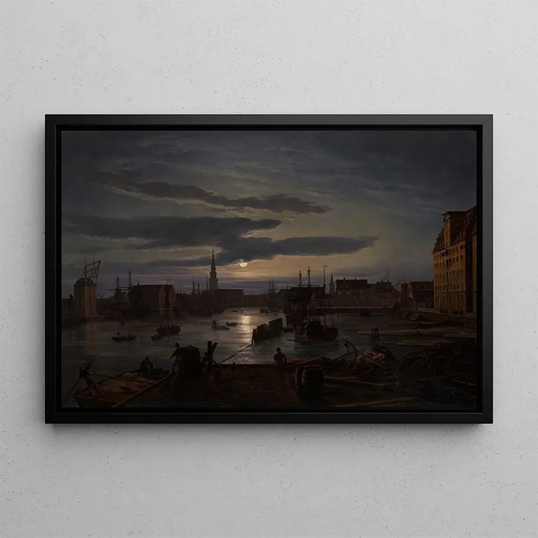 Port of Copenhagen by Moonlight - Johan Christian Dahl — framed artwork on a wall