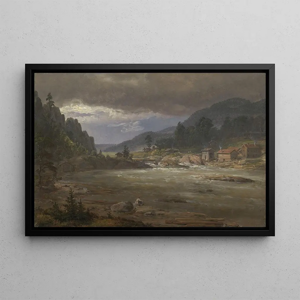 Hellefossen near Hokksund - Johan Christian Dahl — framed artwork on a wall