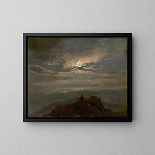 Night landscape painting with a wanderer at the top of a mountain - Johan Christian Dahl — framed artwork on a wall