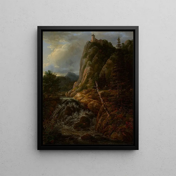 Nordic landscape painting with a castle - Johan Christian Dahl — framed artwork on a wall