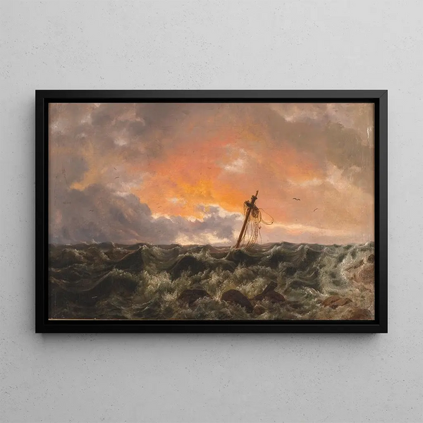 Marine landscape painting with a wreck - Johan Christian Dahl — framed artwork on a wall