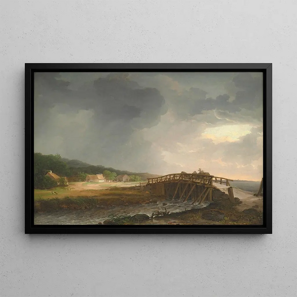 The Bridge over the Tryggevælde River with View of Køge, Zealand - Johan Christian Dahl — framed artwork on a wall