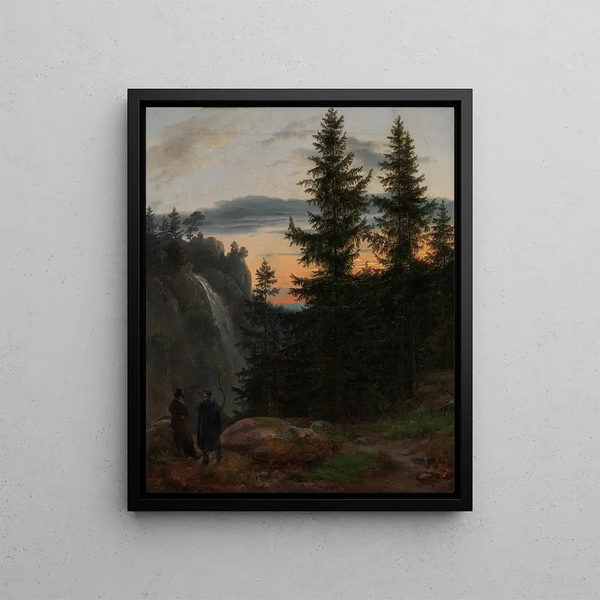 Two men in front of a waterfall at sunset - Johan Christian Dahl — framed artwork on a wall