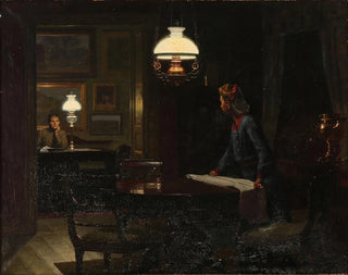 Interior painting with two women by oil lamp - Johan Christopher Schlichtkrull — artwork view