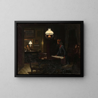 Interior painting with two women by oil lamp - Johan Christopher Schlichtkrull — framed artwork on a wall