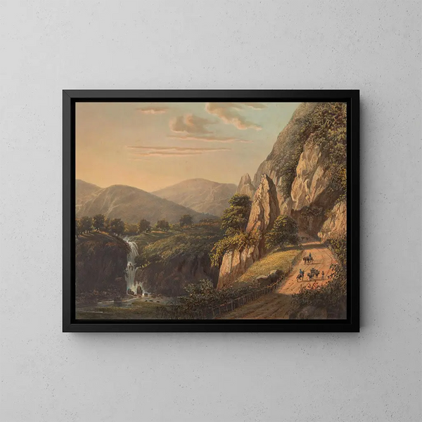 View of a waterfall and a country road in Preanger on Java in the Sumandansche - Johan Conrad Greive — framed artwork on a wall