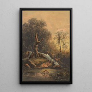 Johan Conrad Greive - Landschap met waterval en drinkend luipaard Woest landschap oosthoek van Java.webp