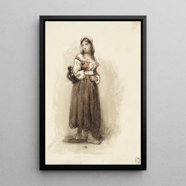 Young girl standing with a jug on her back - Johan Daniël Koelman — framed artwork on a wall