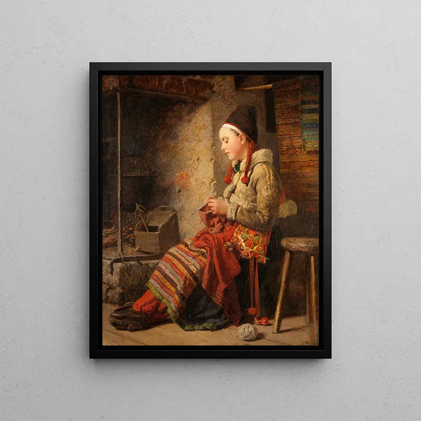 Girl of Rättvik by the fire - Johan Fredrik Höckert — framed artwork on a wall