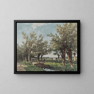 Landscape painting with a stream where two boys are fishing - Johan Hendrik Weissenbruch — framed artwork on a wall