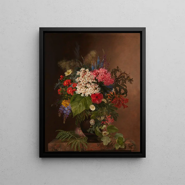 Convulvulus, lupins, veronica, and fuchsia in a vase - Johan Laurentz Jensen — framed artwork on a wall