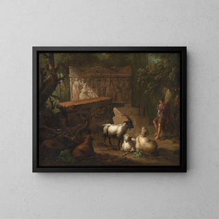 Ruins antiques entourées de trois bergers et de quelques chèvres - Johan Mandelberg — framed artwork on a wall