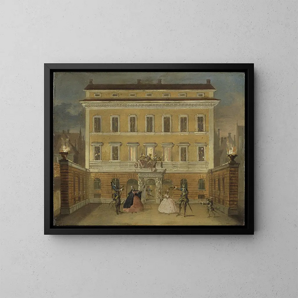 Monkeys acting in front of the governor's house in Stockholm - Johan Pasch the Elder — framed artwork on a wall