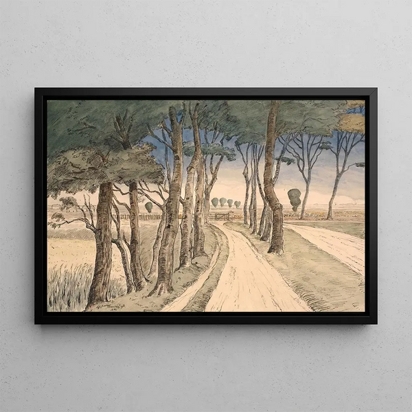 Landscape painting of a field, in the foreground a road with trees - Johan Rohde — framed artwork on a wall