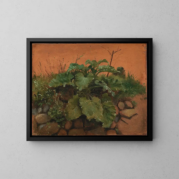 A burdock and other plants on a stone wall - Johan Thomas Lundbye — framed artwork on a wall