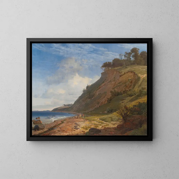 Coastal Danish view painting from Kitns on the Roskilde fjord, Zealand - Johan Thomas Lundbye — framed artwork on a wall