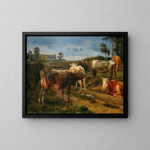 Cows Bellowing Near the Farm Gate - Johan Thomas Lundbye — framed artwork on a wall