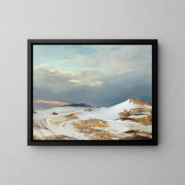 Winter landscape painting with a figure from North Zealand - Johan Thomas Lundbye — framed artwork on a wall