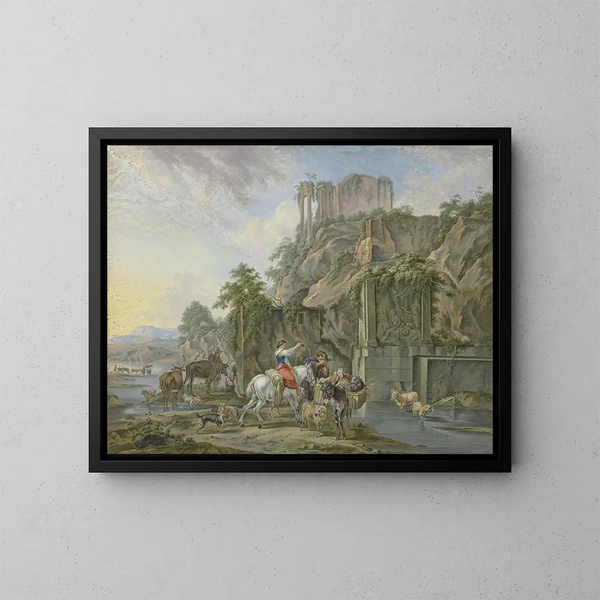 Shepherds near a Roman fountain - Johann Albrecht Friedrich Rauscher — framed artwork on a wall