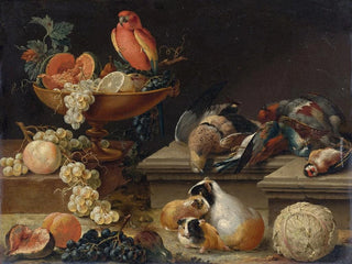 Nature morte with a parrot, poultry, guinea pigs, and fruits - Johann Amandus Winck — artwork view