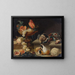 Nature morte with a parrot, poultry, guinea pigs, and fruits - Johann Amandus Winck — framed artwork on a wall