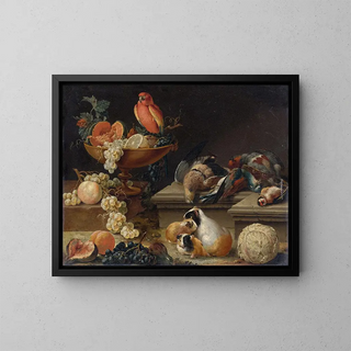 Nature morte with a parrot, poultry, guinea pigs, and fruits - Johann Amandus Winck — framed artwork on a wall