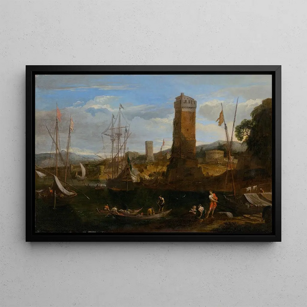 Coastal Landscape Painting I - Johann Anton Eismann — framed artwork on a wall