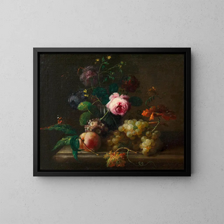 Still life with flowers and fruits - Johann Baptist Drechsler — framed artwork on a wall