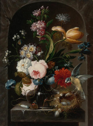 Johann Baptist Drechsler - Still Life Of Roses Morning Glories Primroses A Tulip And Other Flowers In A Glass Vase With A Bird And Birds Nest.webp