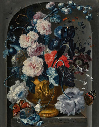 Johann Baptist Drechsler - Still life with carnations roses hollyhocks and other flowers in a sculpted bronze urn with butterflies in an alcove.webp