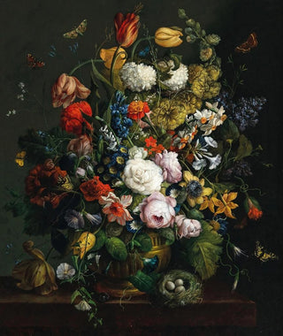 Johann Baptist Drechsler - Tulips daffodils roses and other flowers in a vase on a stone ledge with butterflies and a birds nest.webp