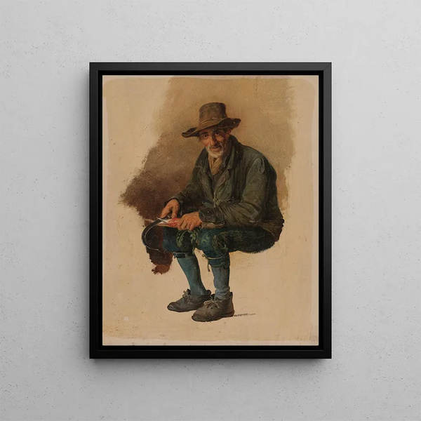 Un vieux fermier italien récoltant un radis avec une faucille - Johann Baptist Kirner — framed artwork on a wall