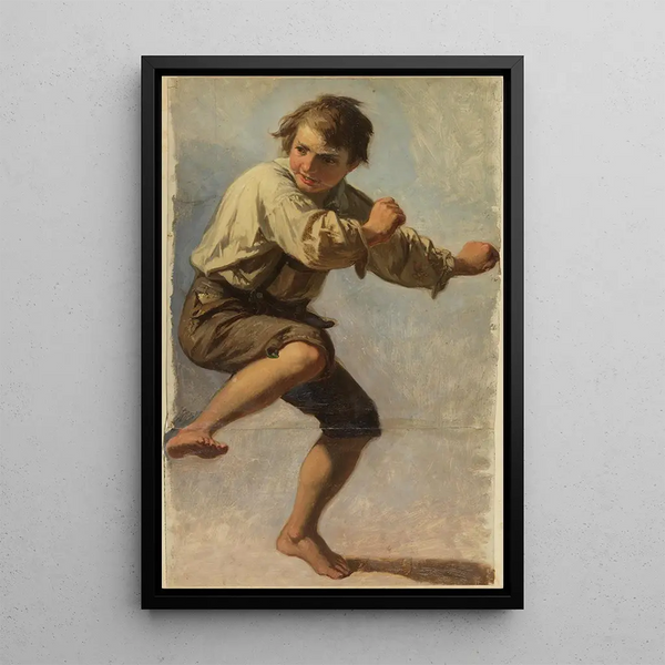 Young peasant in a defensive stance - Johann Baptist Kirner — framed artwork on a wall