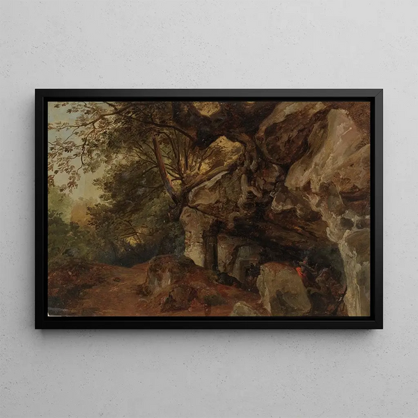 Brigands en embuscade avec des mouchoirs sur le visage - Johann Baptist Kirner — framed artwork on a wall