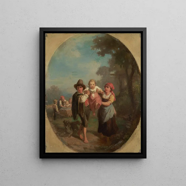 Children playing with a dog - Johann Baptist Kirner — framed artwork on a wall