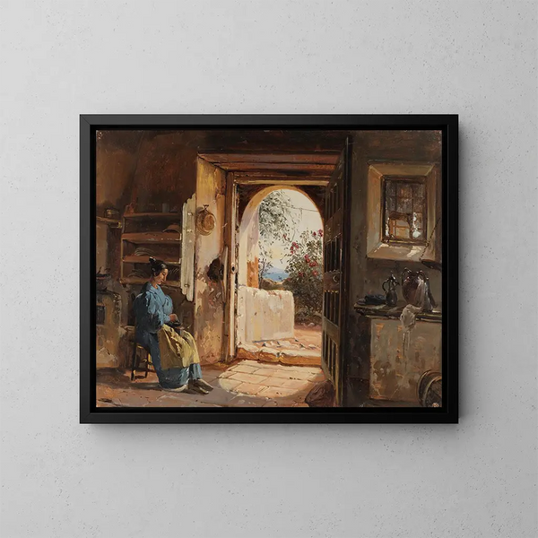 Italian interior painting with a woman sitting while grinding coffee, offering a view of the garden and the sea - Johann Baptist Kirner — framed artwork on a wall