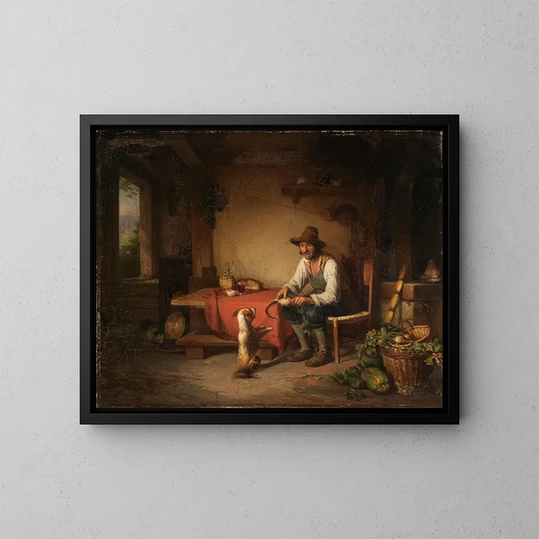 Italian Peasants Playing with a Dog - Johann Baptist Kirner — framed artwork on a wall