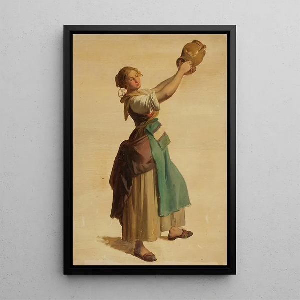 Young woman turned to the right holding a jug in the air - Johann Baptist Kirner — framed artwork on a wall