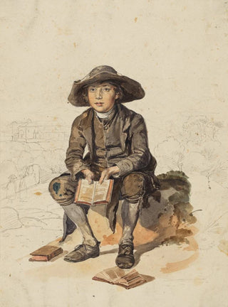 Johann Baptist Kirner - Junge mit breitkrempiger Kopfbedeckung vor einer Landschaft sitzend und ein aufgeschlagenes Buch haltend.webp