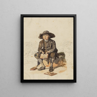 Johann Baptist Kirner - Junge mit breitkrempiger Kopfbedeckung vor einer Landschaft sitzend und ein aufgeschlagenes Buch haltend.webp