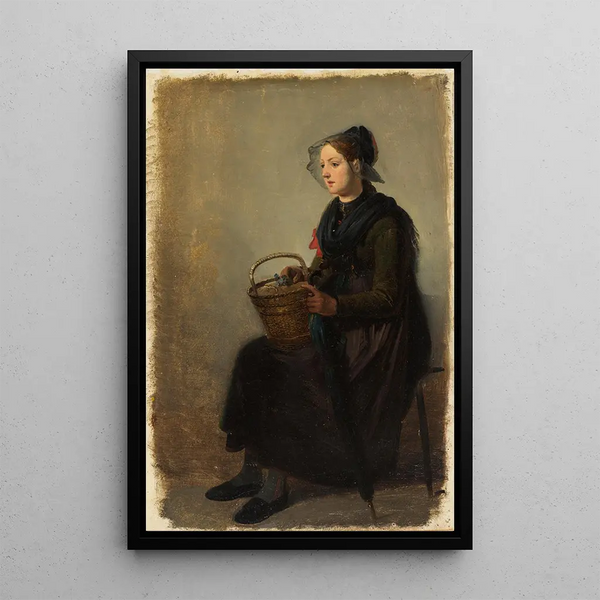 Young girl in Kinzigtal costume with basket and umbrella - Johann Baptist Kirner — framed artwork on a wall