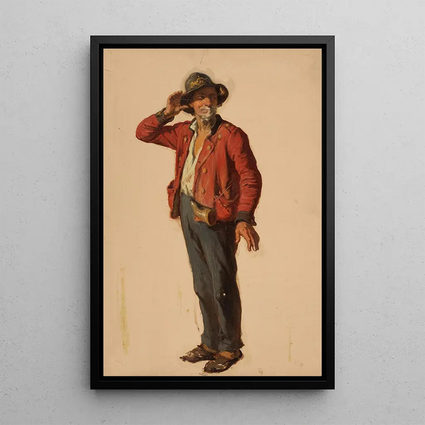 a standing man turned to the right with a hat and red jacket - Johann Baptist Kirner — framed artwork on a wall