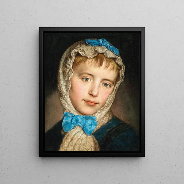 a girl with a lace scarf and blue bows - Johann Baptist Reiter — framed artwork on a wall