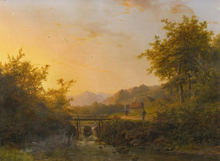 Landscape painting with peasants walking near a river at dusk - Johann Bernhard Klombeck — artwork view