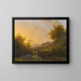Landscape painting with peasants walking near a river at dusk - Johann Bernhard Klombeck — framed artwork on a wall