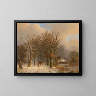 Winter landscape painting with horse and cart - Johann Bernhard Klombeck — framed artwork on a wall