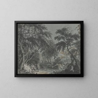 Forest Exit with Two Hikers Resting Under Coats - Johann Caspar Zehender — framed artwork on a wall